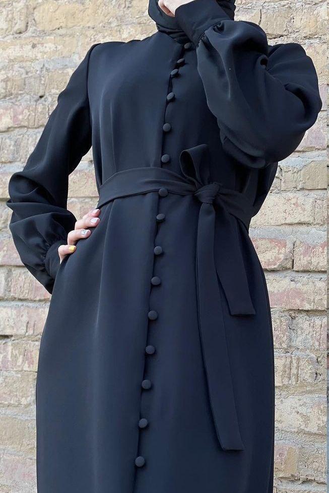 Ayesha Front Open buttons knot Abaya ( BLACK )