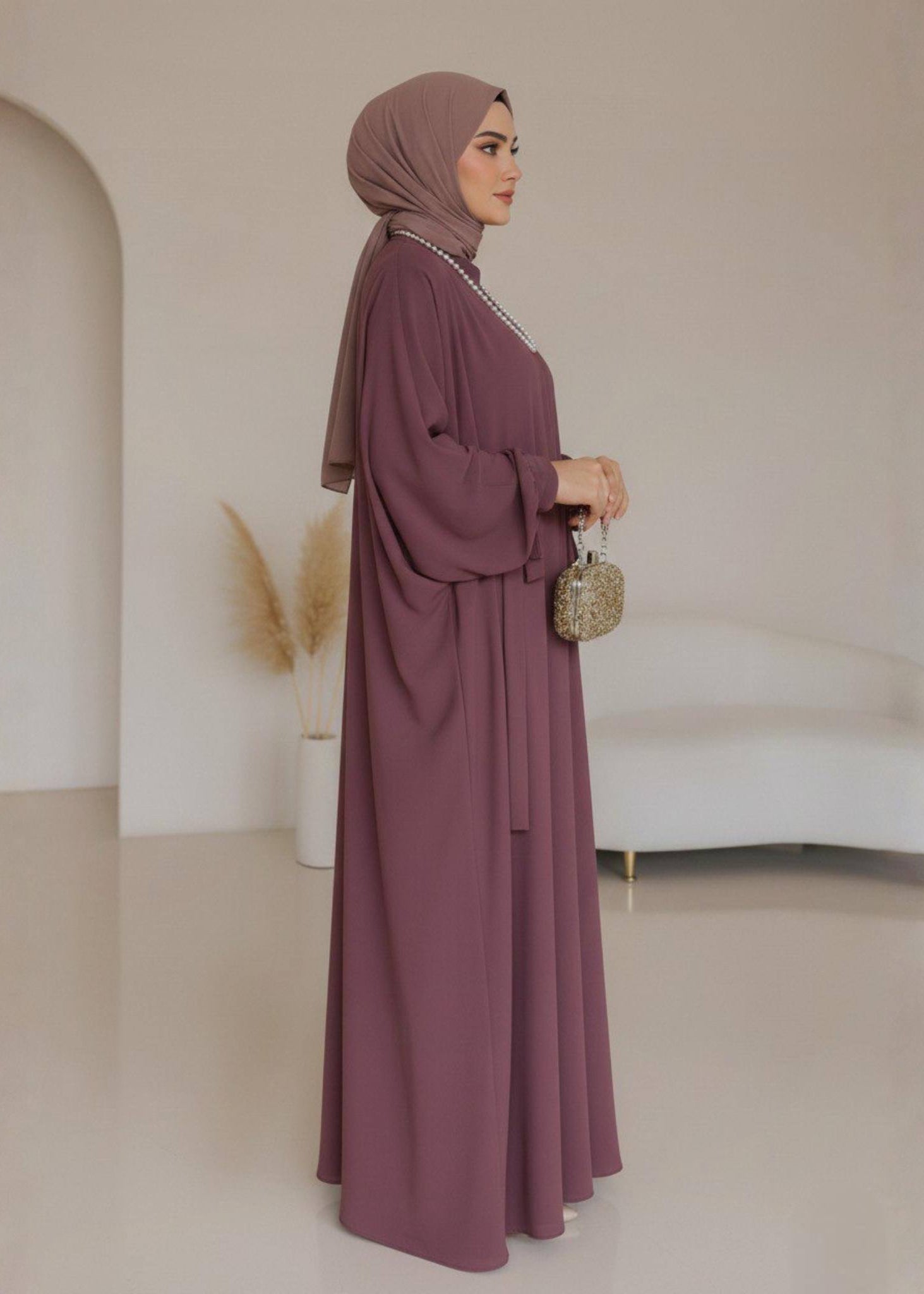 FROZEN DOUBLE SHRUG ABAYA | DUSTY PINK