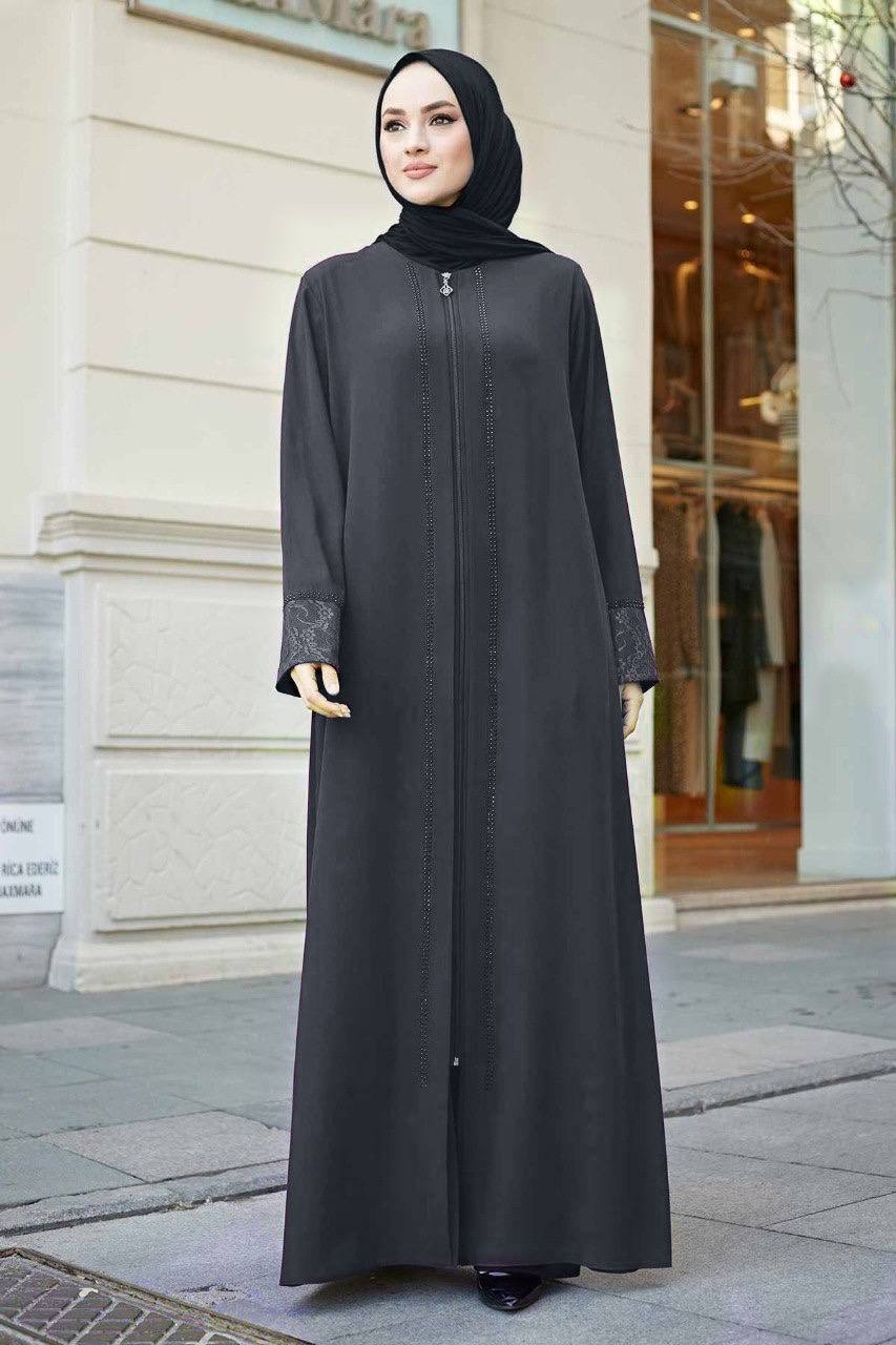 Zahiya Front Open Zipper Abaya - GRAY ( NEW LAUNCH )