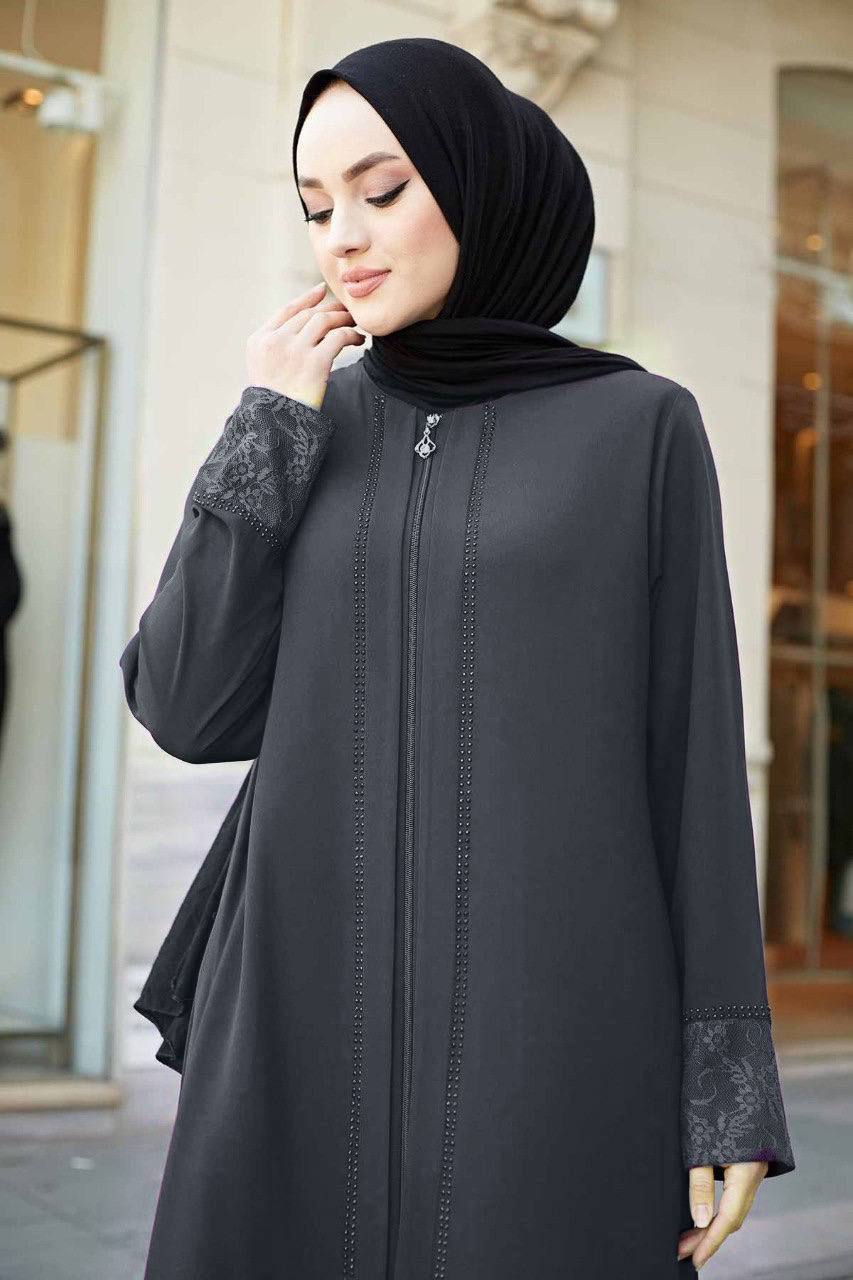 Zahiya Front Open Zipper Abaya - GRAY ( NEW LAUNCH )