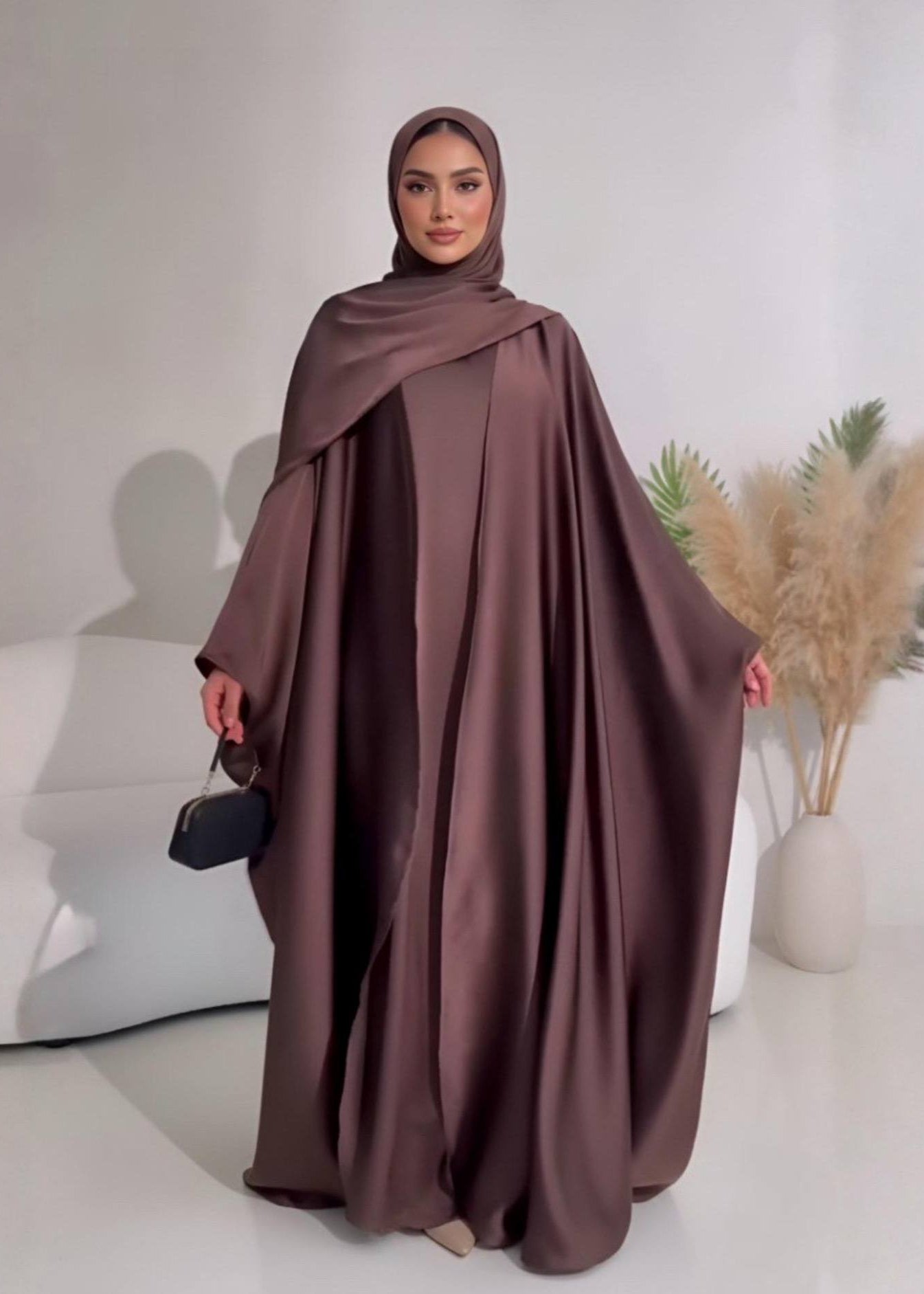 SAJAL DOUBLE SHRUG ABAYA | COFFEE