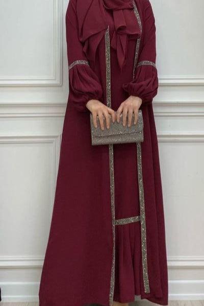 Aliya Double Shrug Lace Abaya MAHROON ( New - Edition )