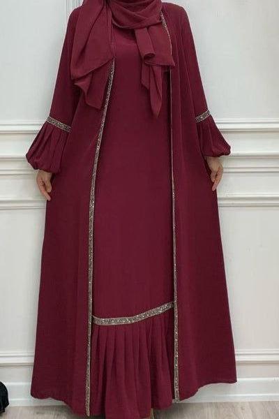 Aliya Double Shrug Lace Abaya MAHROON ( New - Edition )