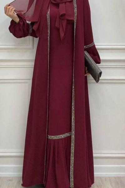 Aliya Double Shrug Lace Abaya MAHROON ( New - Edition )