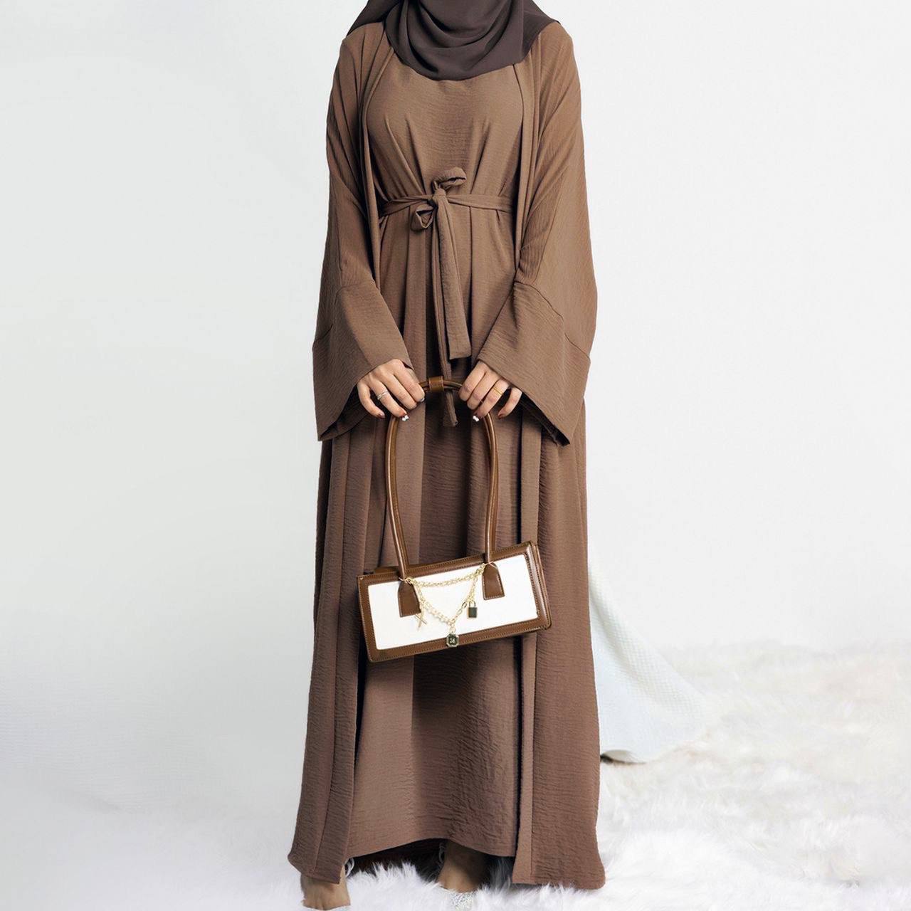 Original Dubai Crush Double Shrugs Abaya BROWN ( Limited - Stock )