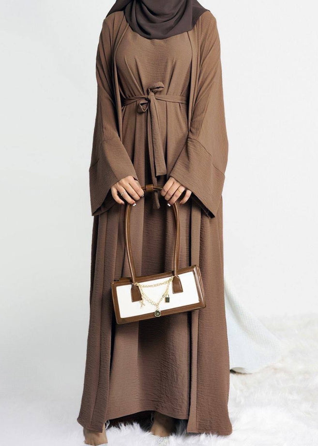 DUBAI CRUSH DOUBLE SHRUG ABAYA | BROWN