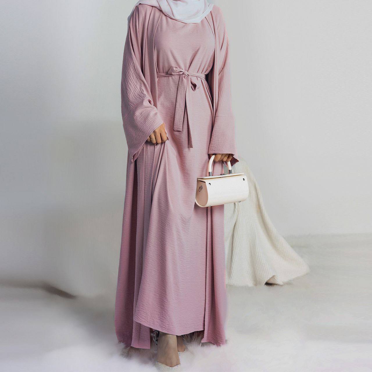 Original Dubai Crush Double Shrugs Abaya PASTLE PINK ( Limited - Stock )