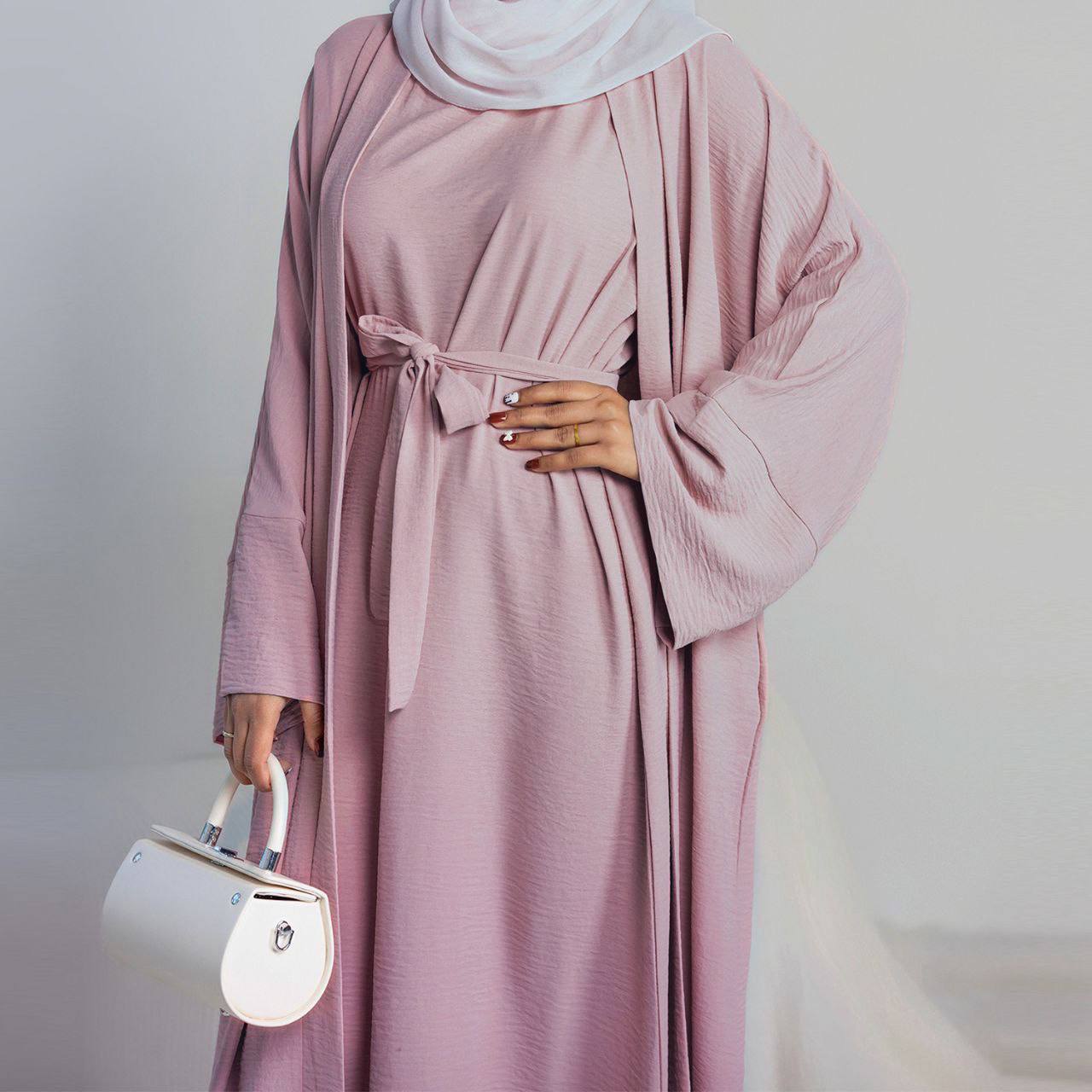 Original Dubai Crush Double Shrugs Abaya PASTLE PINK ( Limited - Stock )