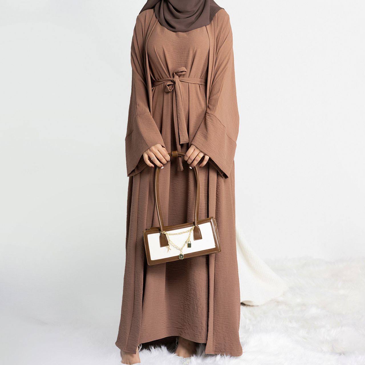 Original Dubai Crush Double Shrugs Abaya AASH BROWN ( Limited - Stock )