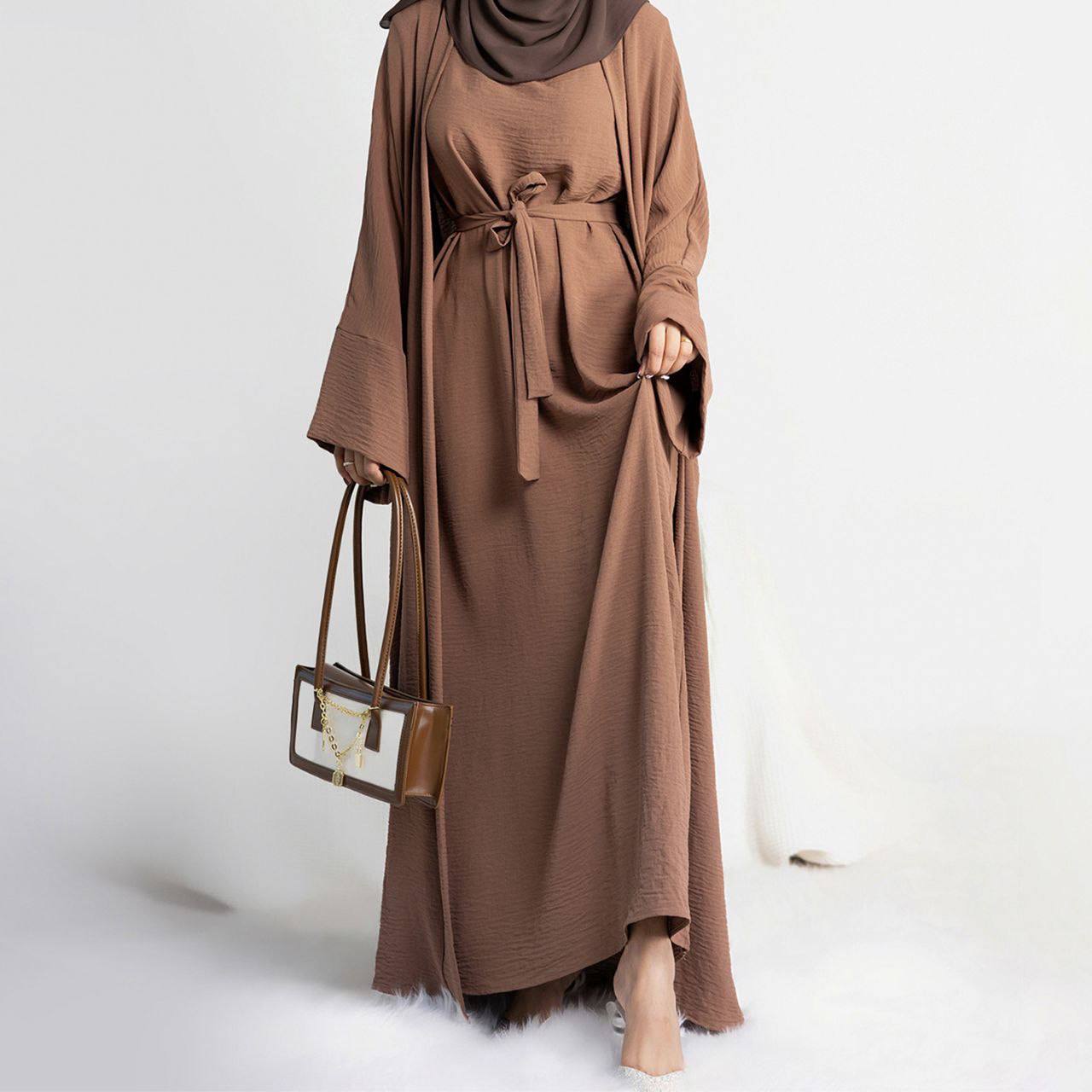 Original Dubai Crush Double Shrugs Abaya AASH BROWN ( Limited - Stock )