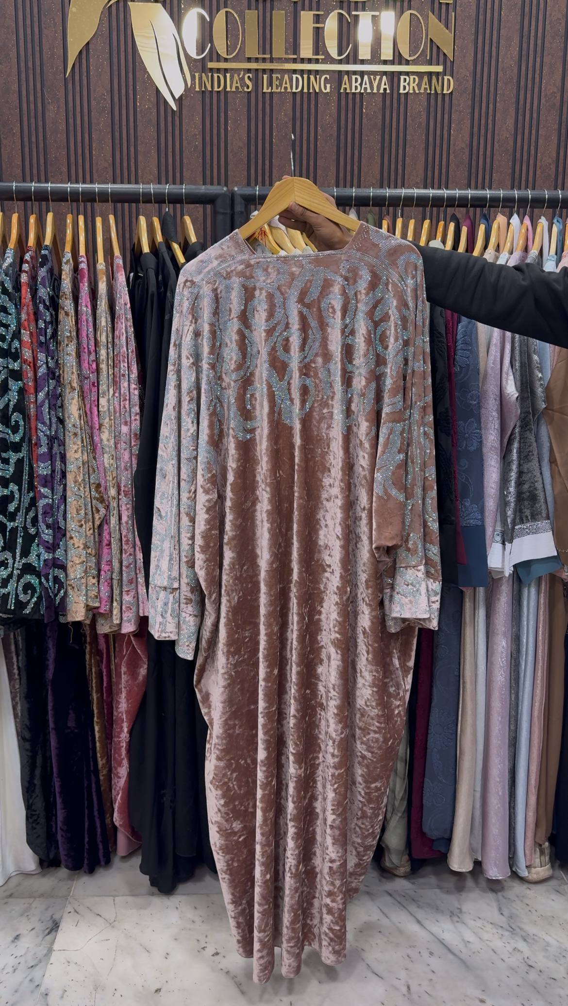 KAIFIYA VELVET KAFTAN ABAYA | PEACH