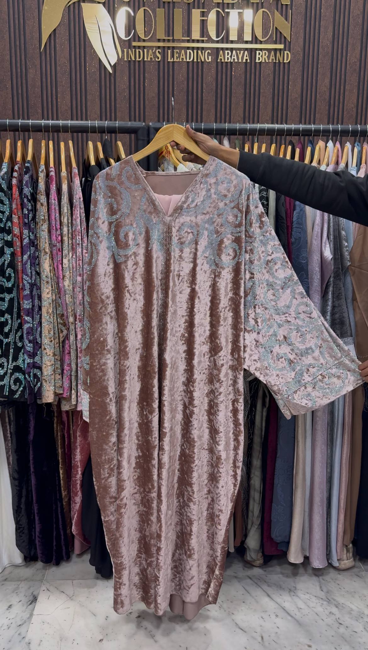 KAIFIYA VELVET KAFTAN ABAYA | PEACH