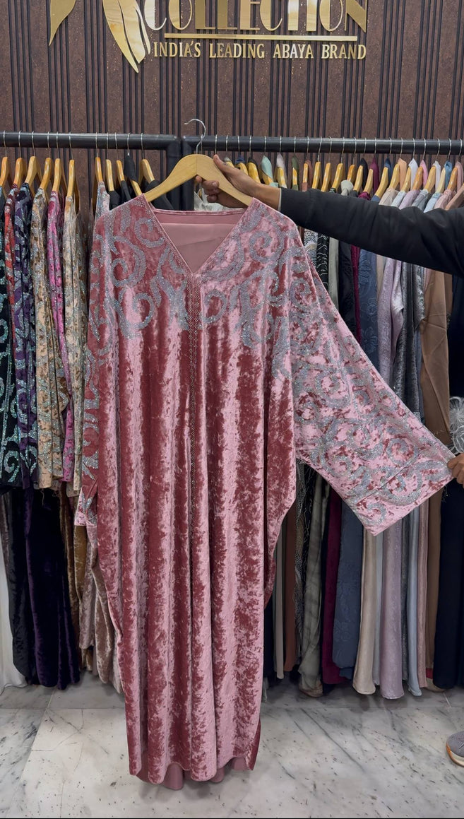 KAIFIYA VELVET KAFTAN ABAYA | BABY PINK