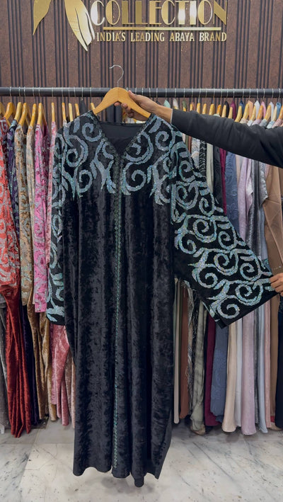 KAIFIYA VELVET KAFTAN ABAYA | BLACK