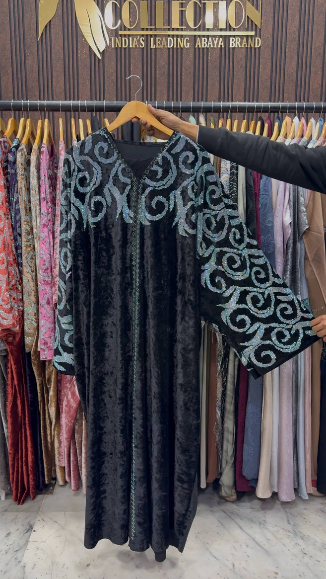 KAIFIYA VELVET KAFTAN ABAYA | BLACK