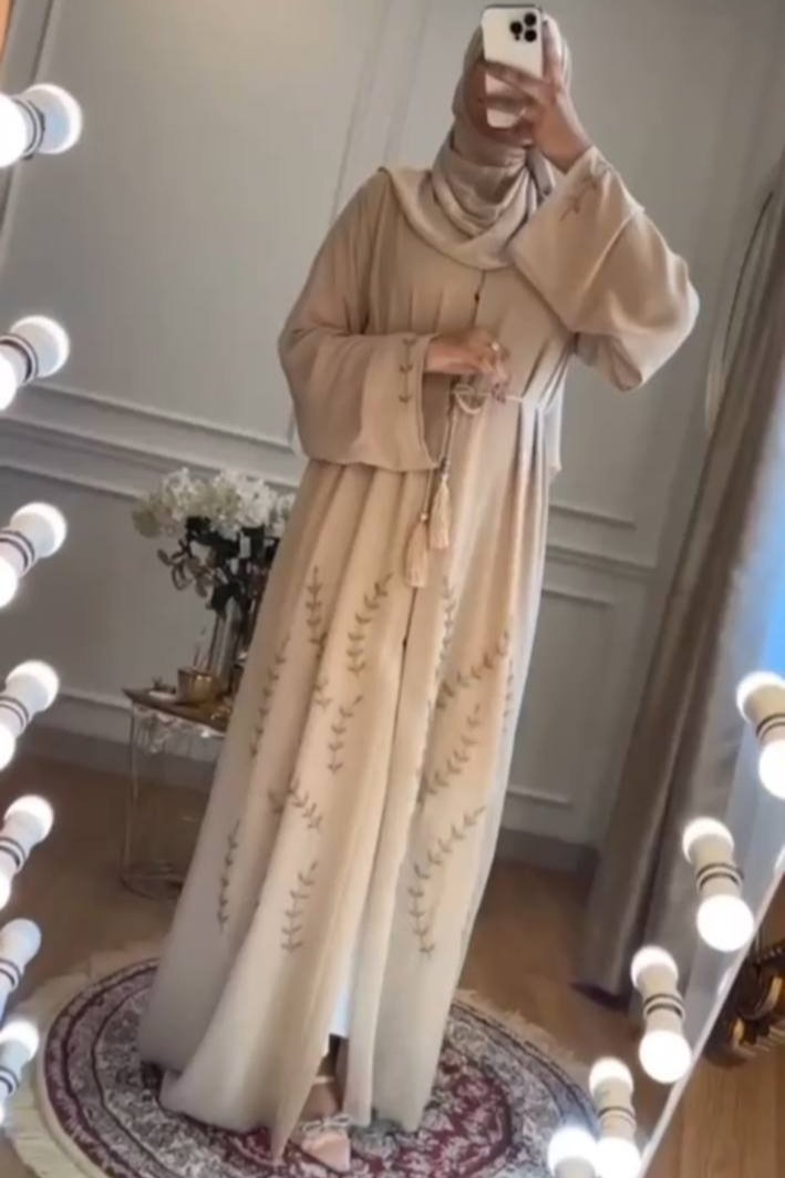 Abirah Beautiful Hand Work Korean Prada Fabric Abaya NUDE ( NEW LAUNCH )