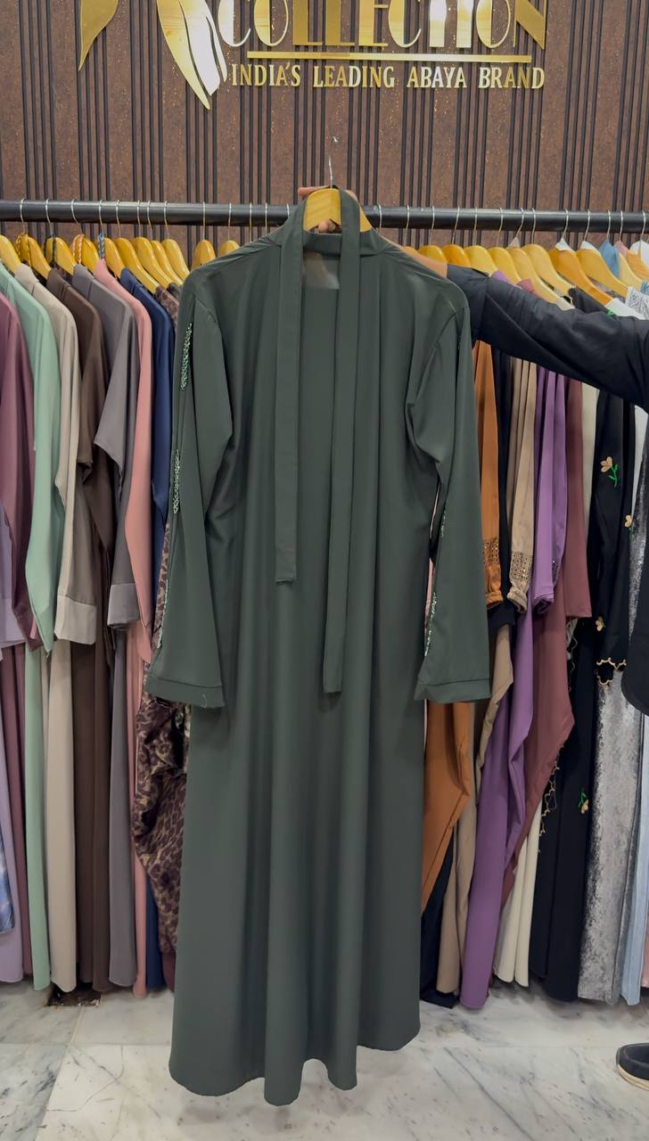 SOHA HANDWORK FRONT OPEN ABAYA | GREEN