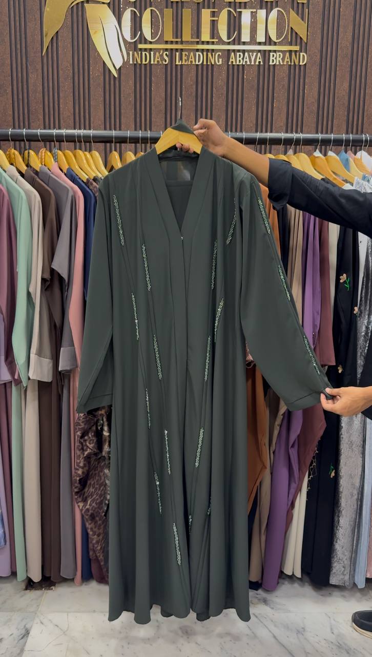 SOHA HANDWORK FRONT OPEN ABAYA | GREEN