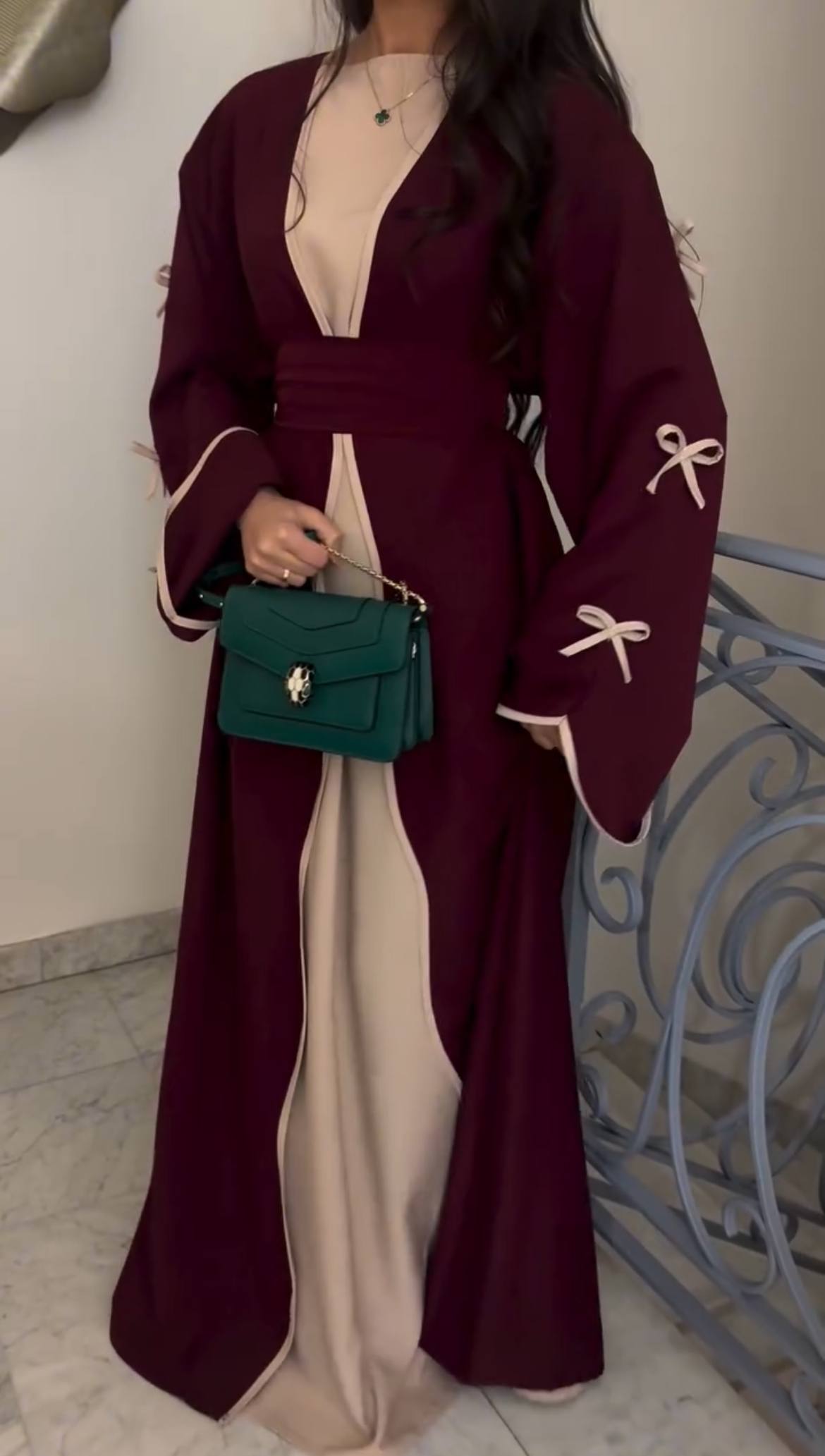 ZOE DOUBLE SHRUG BOW ABAYA | MAROON