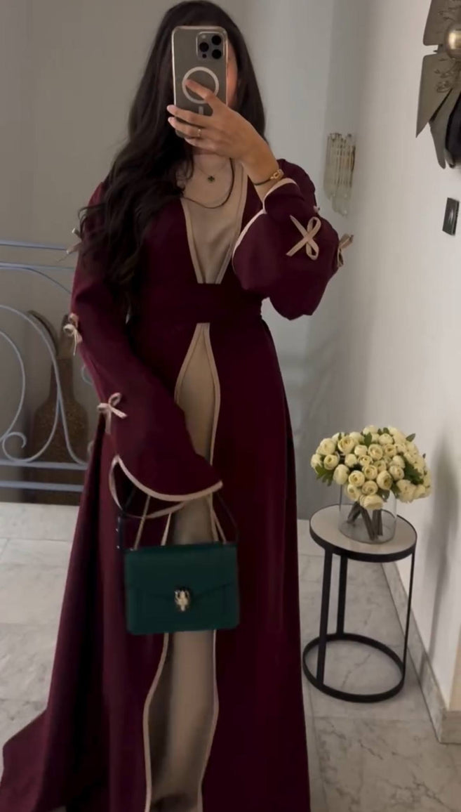 ZOE DOUBLE SHRUG BOW ABAYA | MAROON