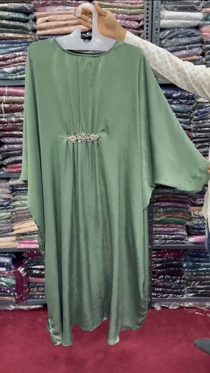 Turkey Velvet Kaftan Broach Abaya ( SEA GREEN )