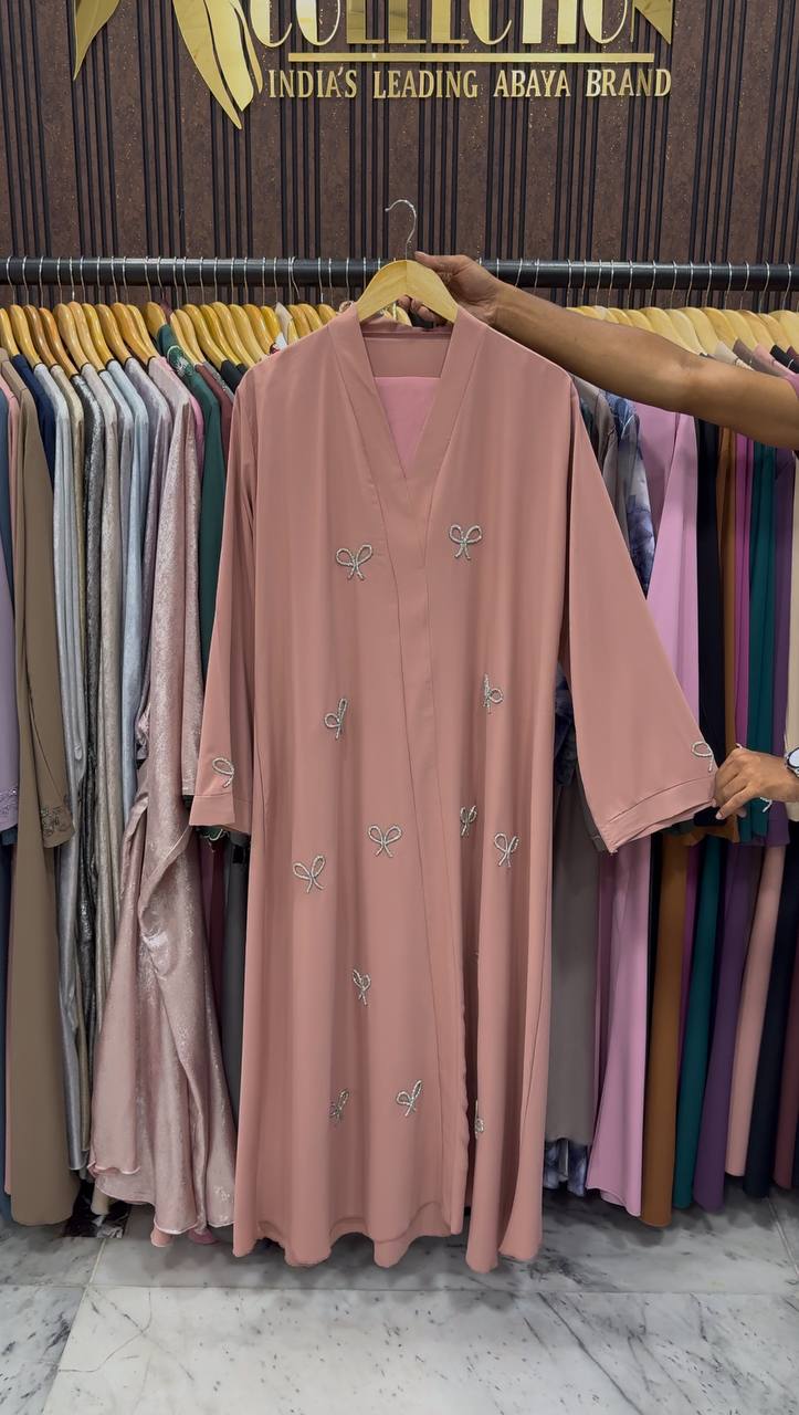 Laya Luxe – Front Open Bow Abaya | PEACH