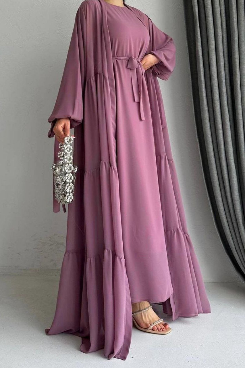 Amani Beautiful Tripple Frill Plates Abaya PINK ( New Launch )