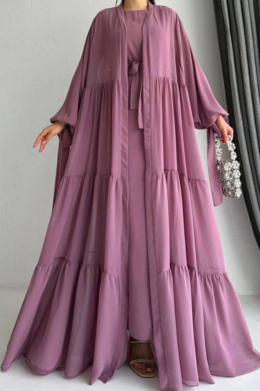 Amani Beautiful Tripple Frill Plates Abaya PINK ( New Launch )