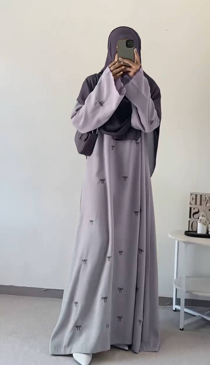 ZARQA BOW EMBROIDERY ABAYA | SAND GRAY