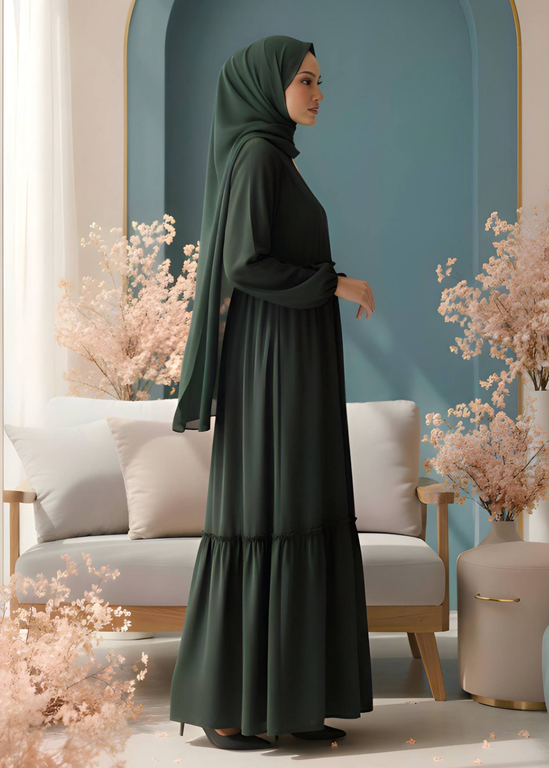 SUFIYA PLEATED ZIPPPER ABAYA |  OLIVE