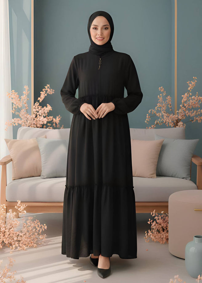 SUFIYA PLEATED ZIPPPER ABAYA | BLACK