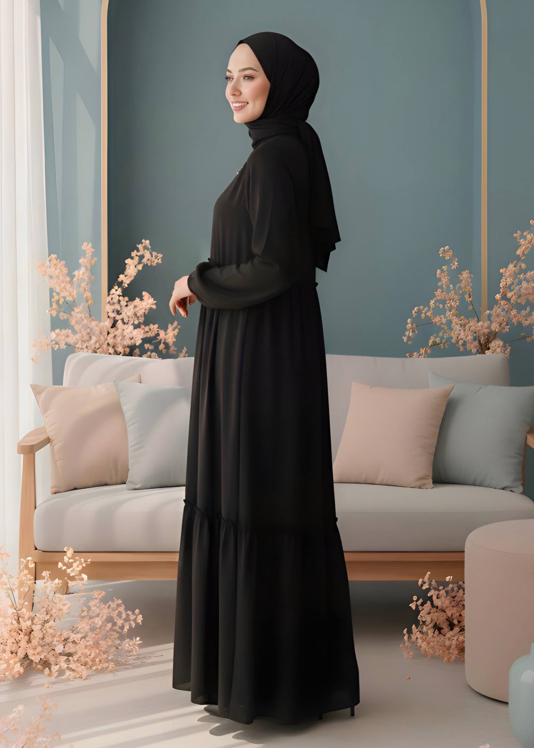 SUFIYA PLEATED ZIPPPER ABAYA | BLACK