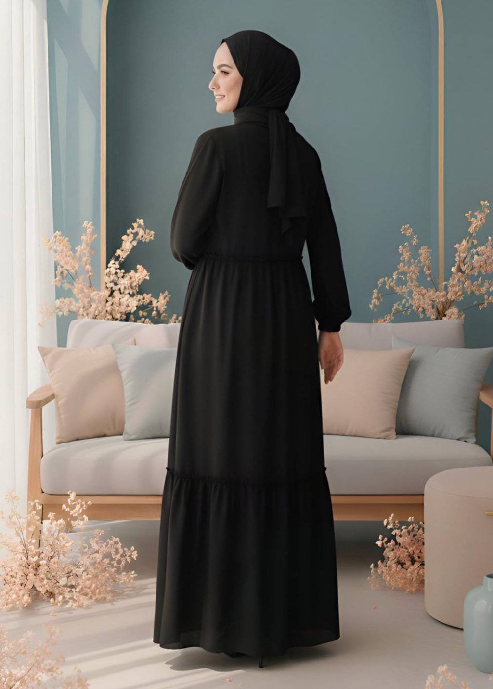 SUFIYA PLEATED ZIPPPER ABAYA | BLACK