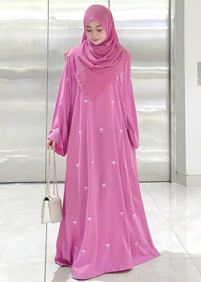 ZARQA BOW EMBROIDERY ABAYA | PINK