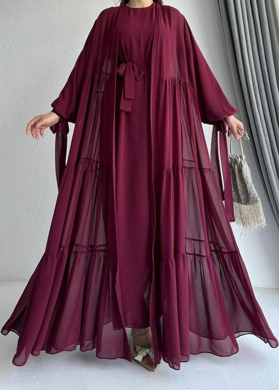 Amani Beautiful Tripple Frill Plates Abaya MAROON ( New Launch )