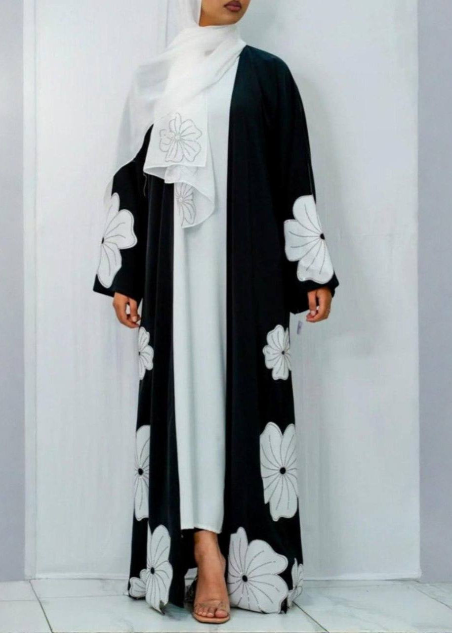RANIA FLORAL SHRUG ABAYA | BLACK