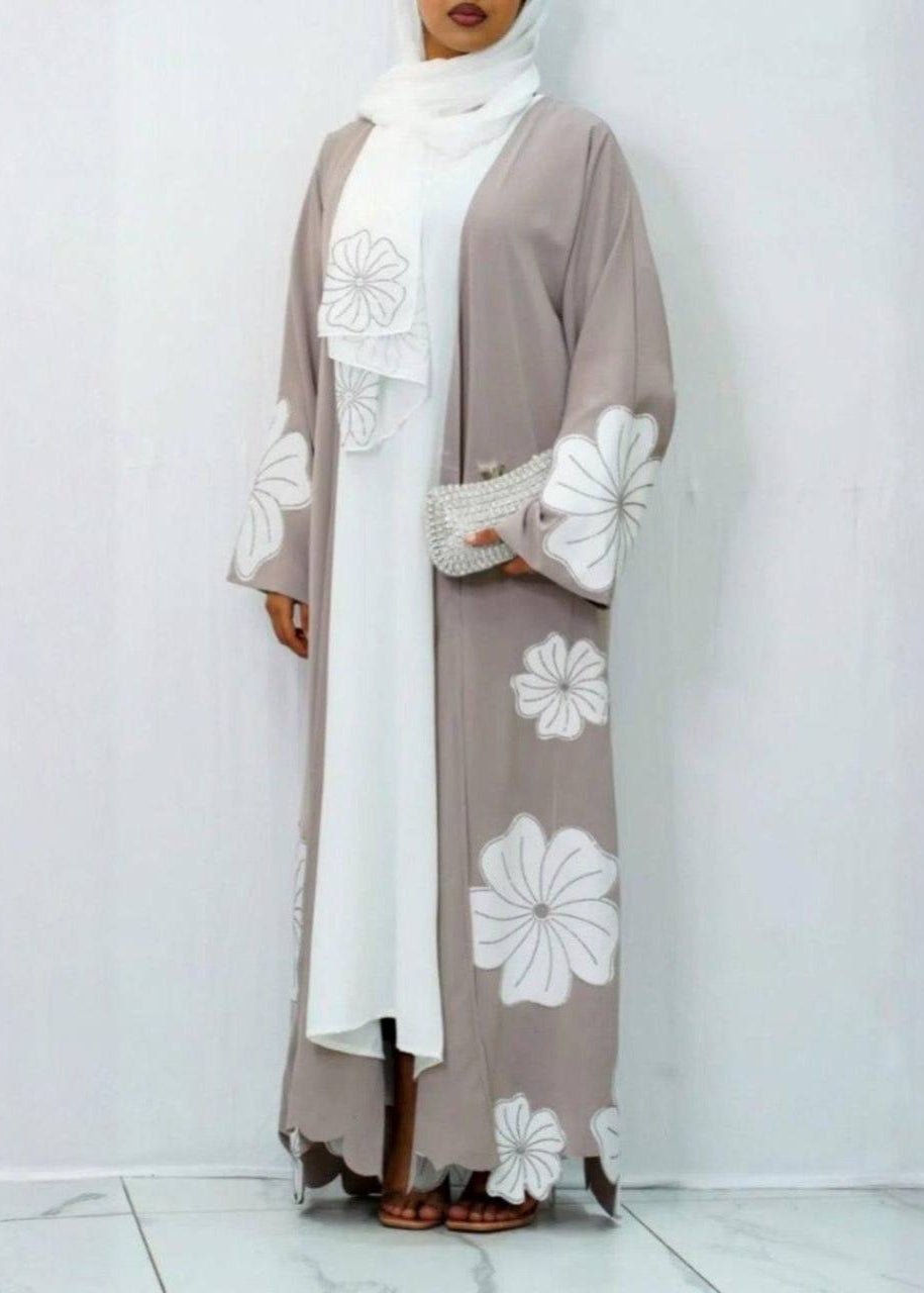 RANIA FLORAL SHRUG ABAYA | NUDE