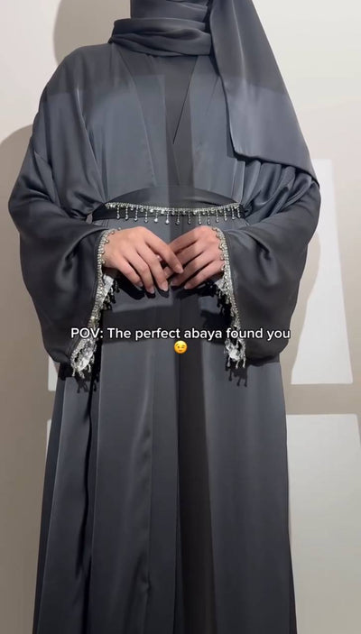 SAFFIA DOUBLE SHRUG LACE ABAYA | GRAY