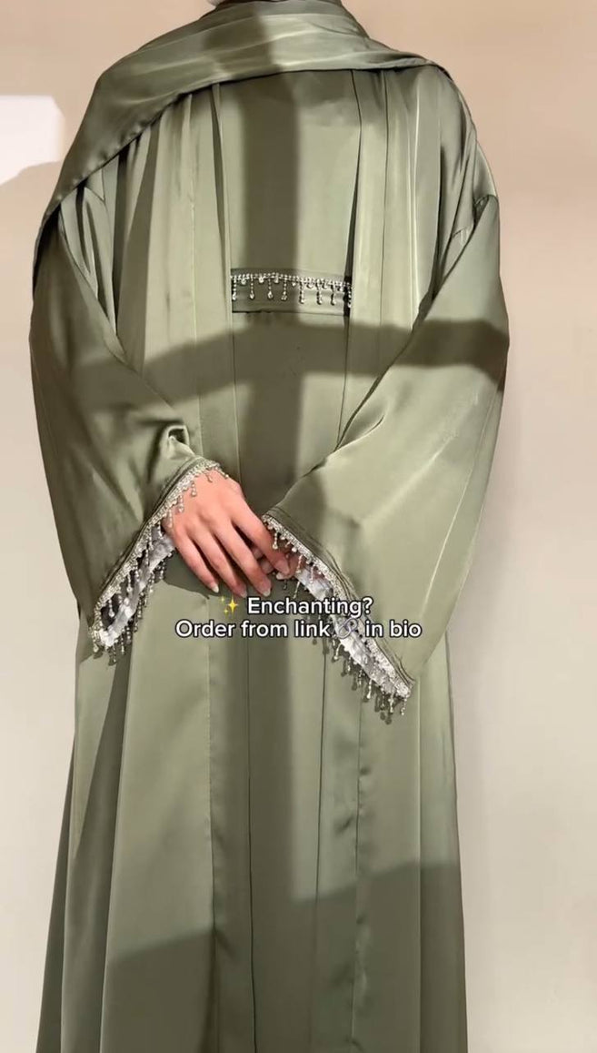 SAFFIA DOUBLE SHRUG LACE ABAYA | PISTA GREEN
