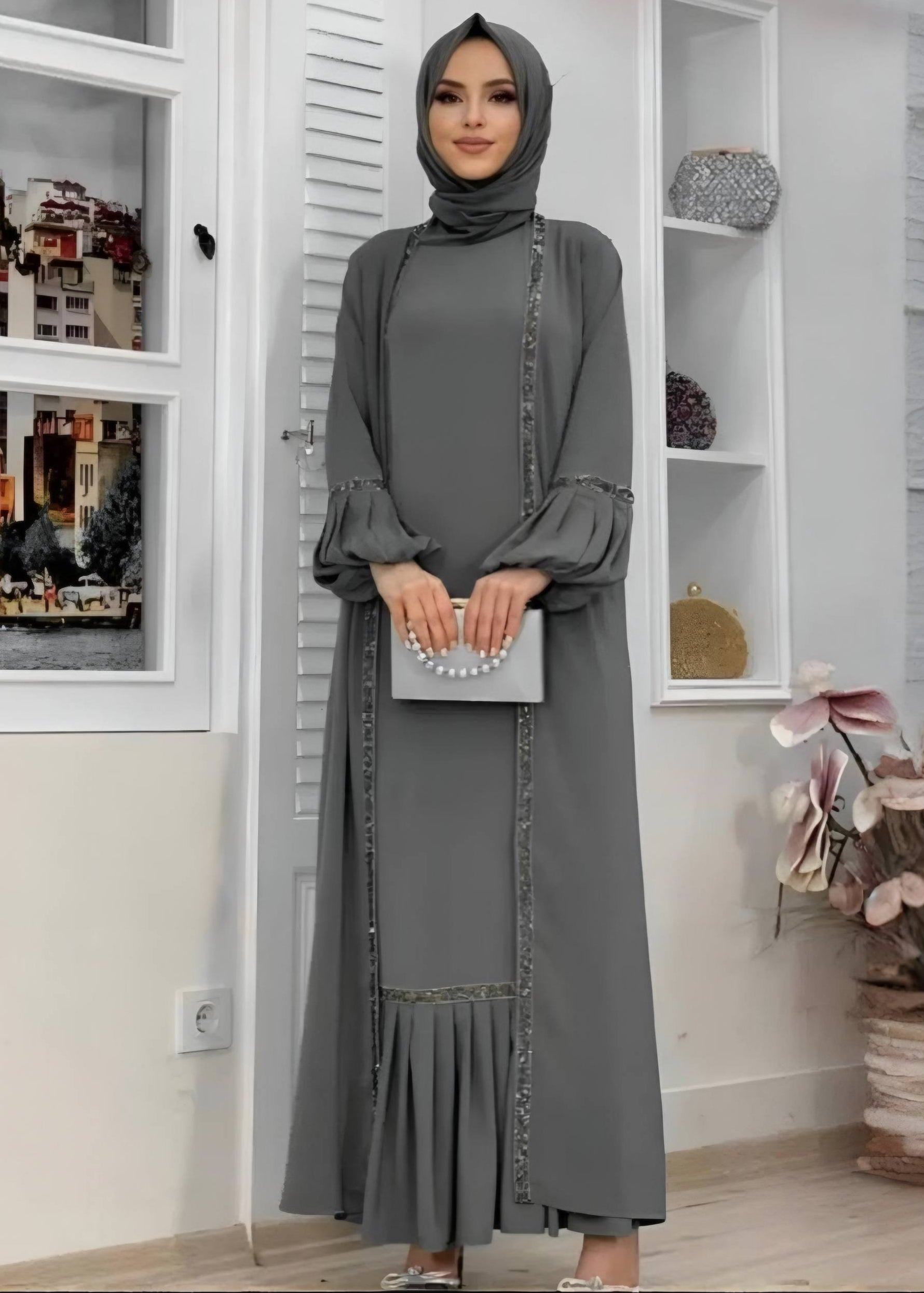 ALIYA DOUBLE SHRUG ABAYA | DARK GRAY