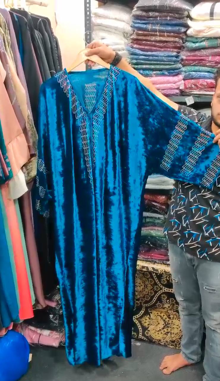 UAE Korean Velvet Kaftan Abaya ( TEAL BLUE )