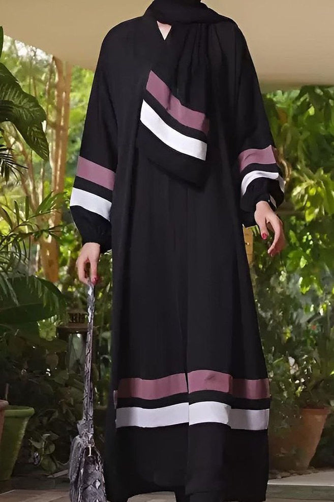 Front Open Contact Patti Work Abaya - BLACK