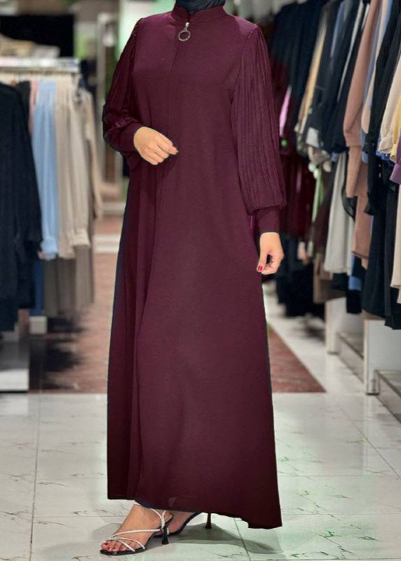 Imported Iram Zipper Abaya With Zebra plated Cuffed Sleeve ( MAROON )