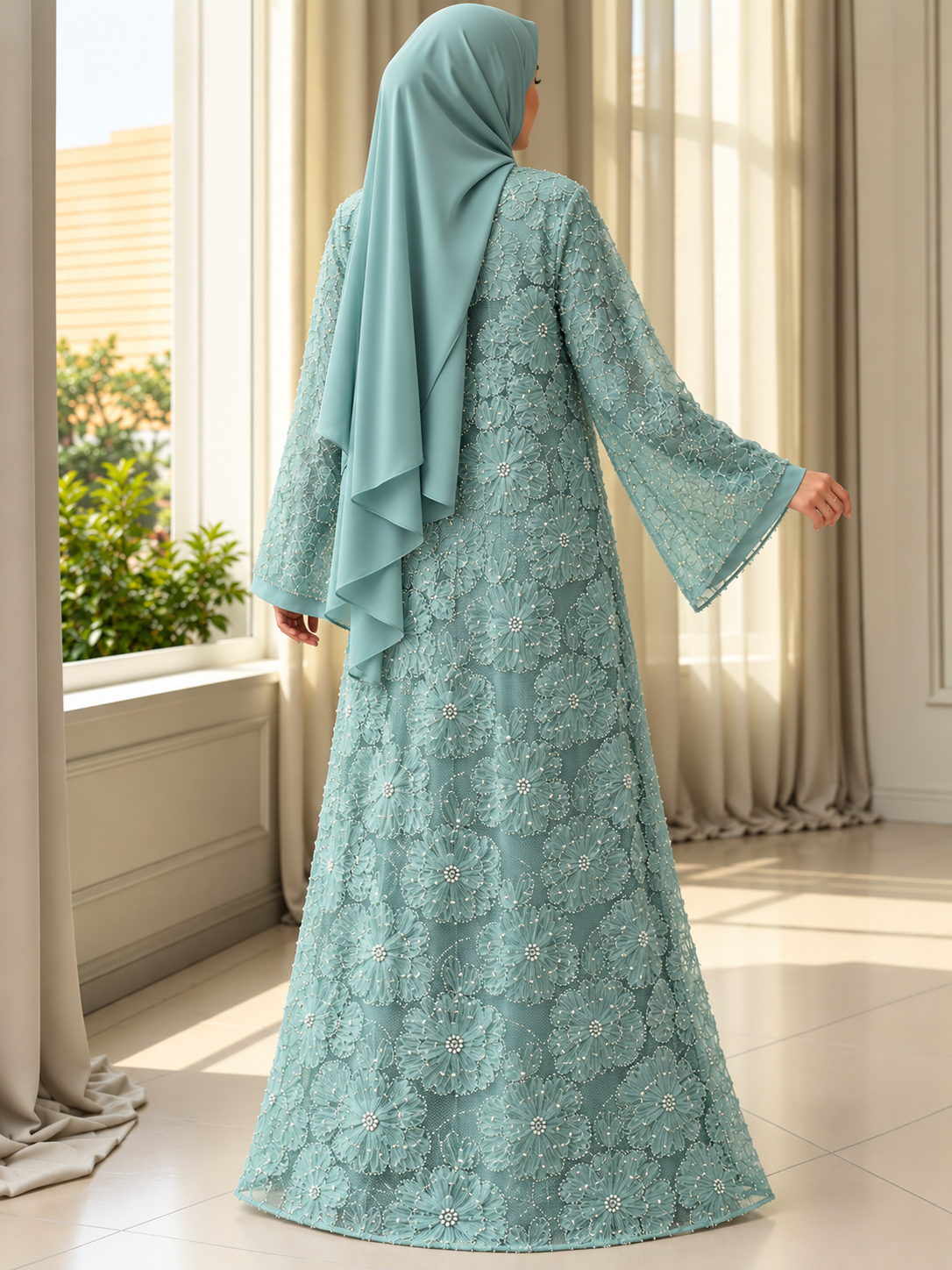 ELINA FLORAL DS ABAYA | SEA GREEN
