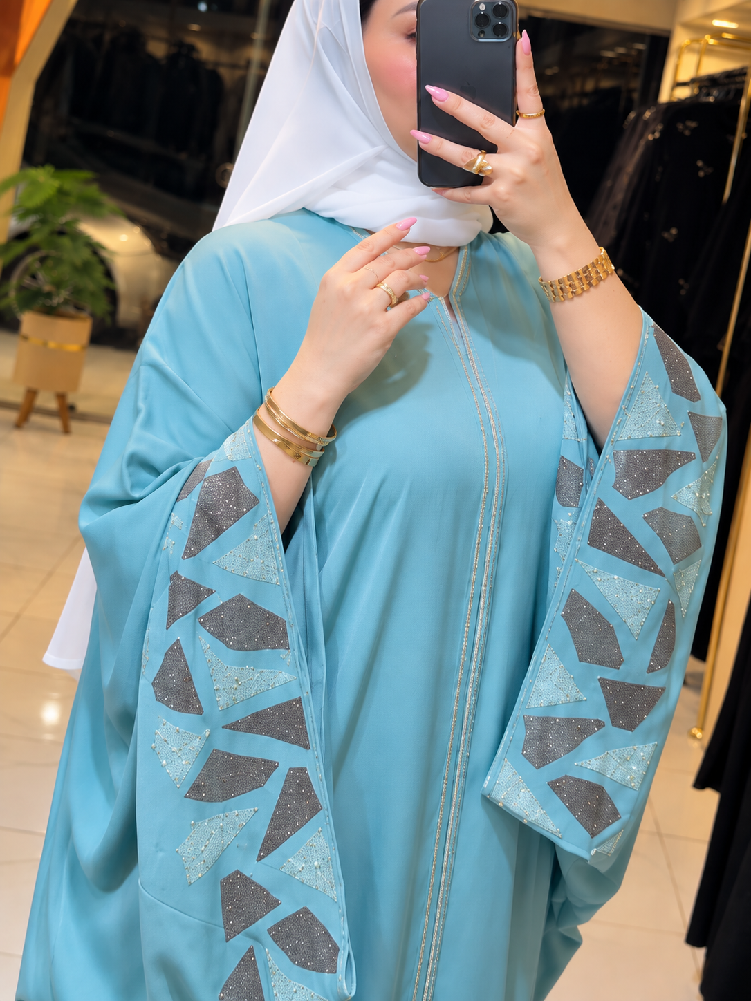 REEM STONE WORK ABAYA | SEA GREEN
