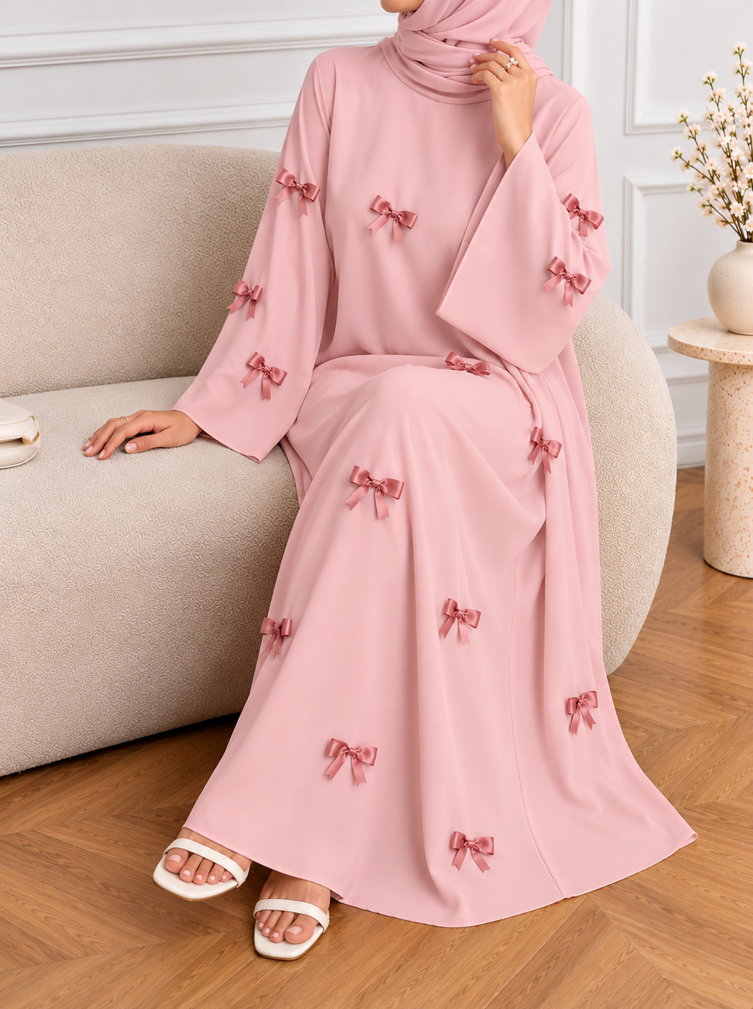 TANZIYA BOW ABAYA | BABY PINK