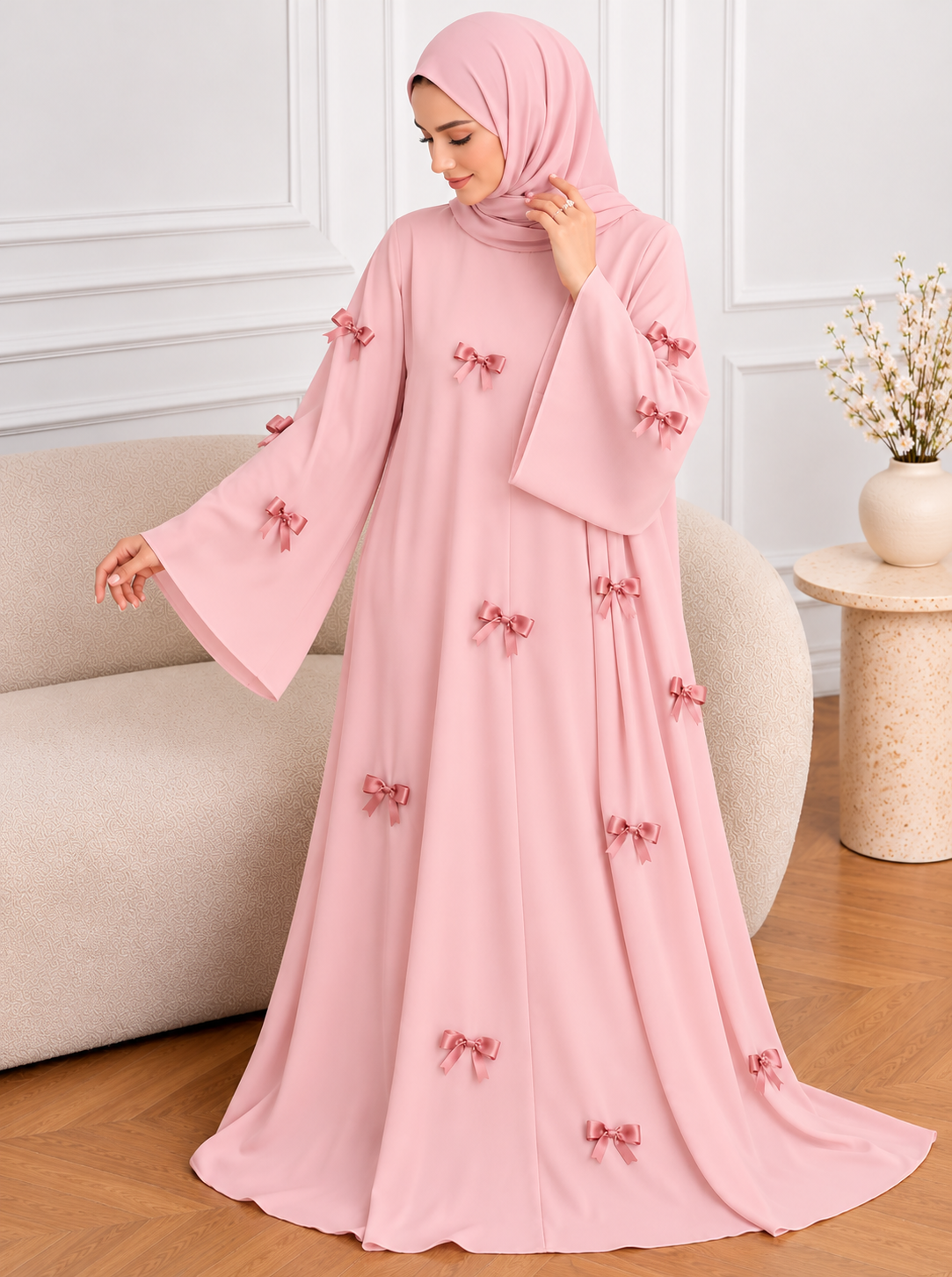 TANZIYA BOW ABAYA | BABY PINK