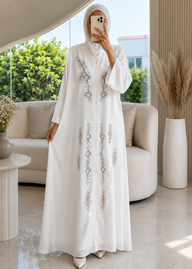 DANANEER FRONT OPEN ABAYA | WHITE