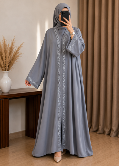 AAMNAH FRONT OPEN ABAYA | GRAY