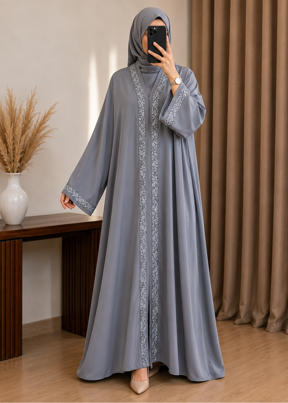 AAMNAH FRONT OPEN ABAYA | GRAY